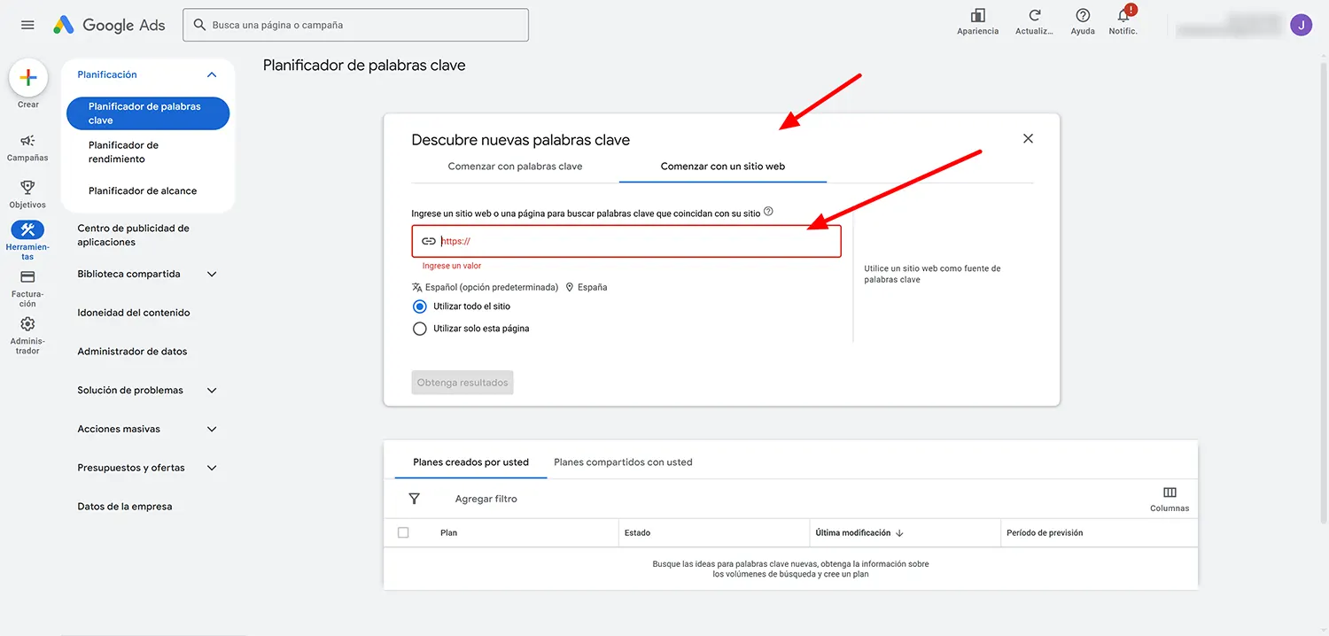 planificador-palabras-clave-google-por-url